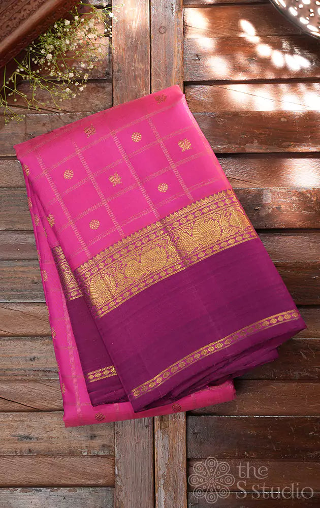 Rose checked kanjivaram silk saree with magenta border