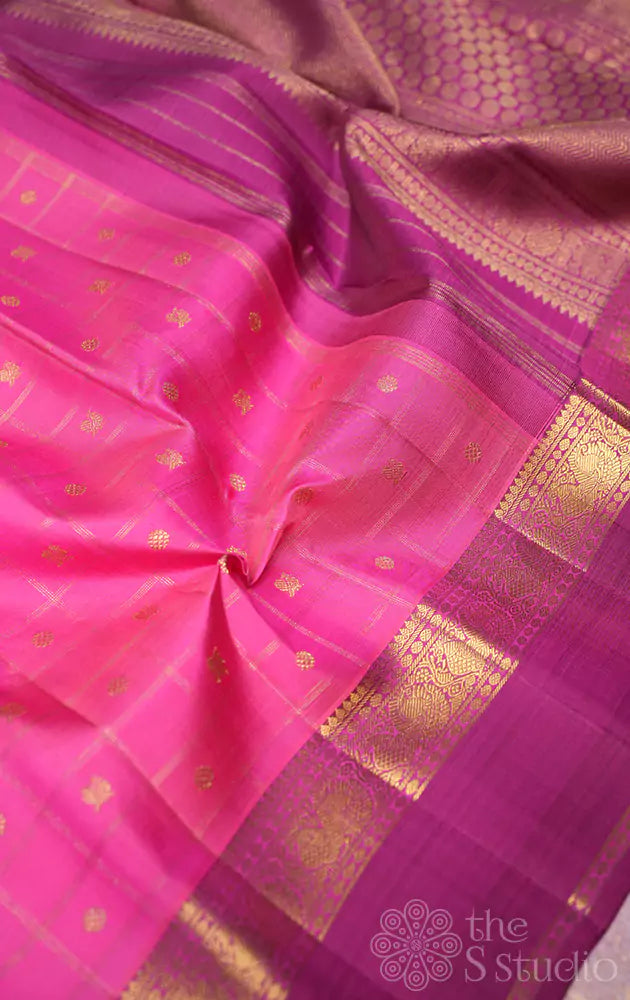 Rose checked kanjivaram silk saree with magenta border
