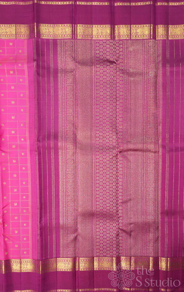 Rose checked kanjivaram silk saree with magenta border