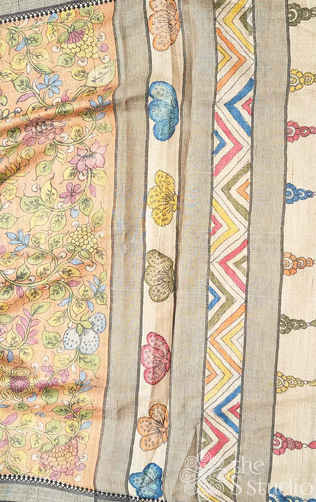 Light orange hand painted kalamkari tussar silk saree with black border