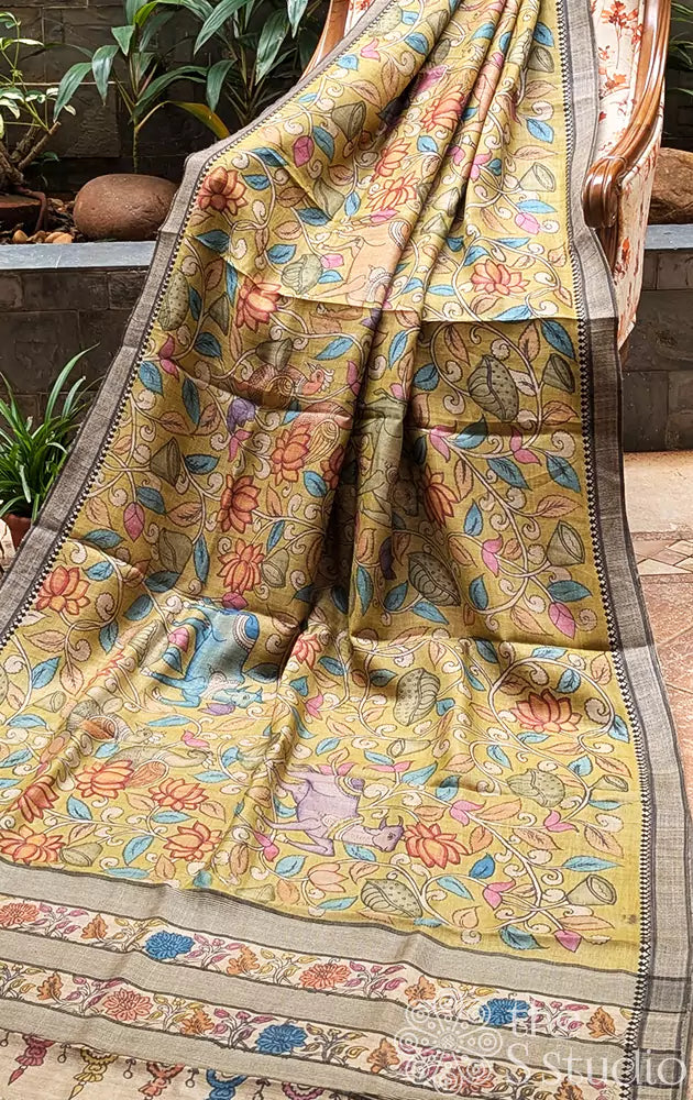 Light yellow pen kalamkari tussar saree with small border