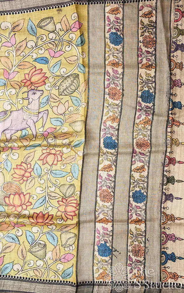 Light yellow pen kalamkari tussar saree with small border