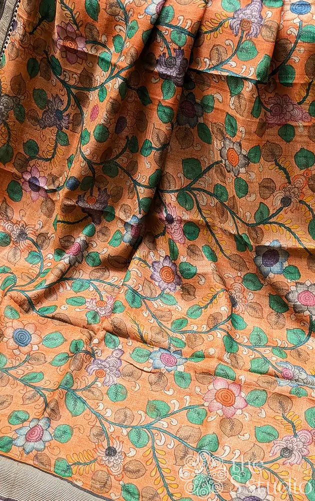 Orange handpainted kalamkari tussar silk saree
