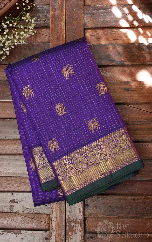Violet zari checked kanchipuram silk saree with yazhi motifs