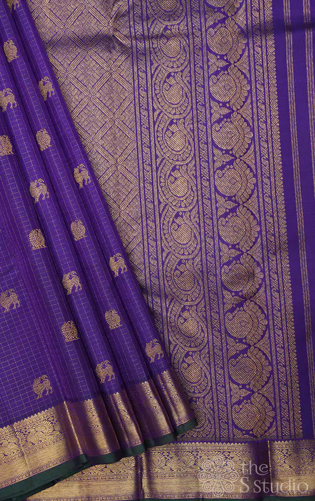 Violet zari checked kanchipuram silk saree with yazhi motifs