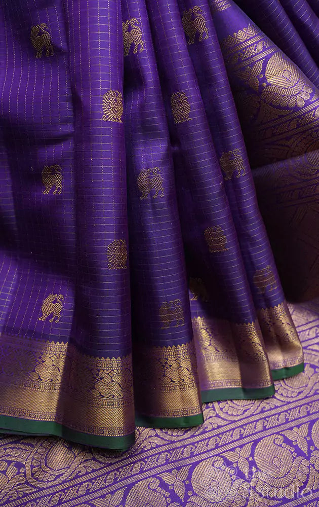 Violet zari checked kanchipuram silk saree with yazhi motifs