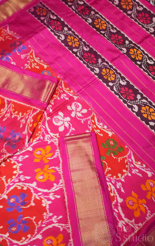 Rani pink ikkat silk saree with zari border