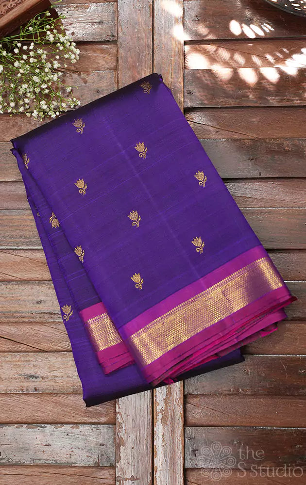 Violet small border kanjivaram silk saree with paalum pazhamum checks pallu