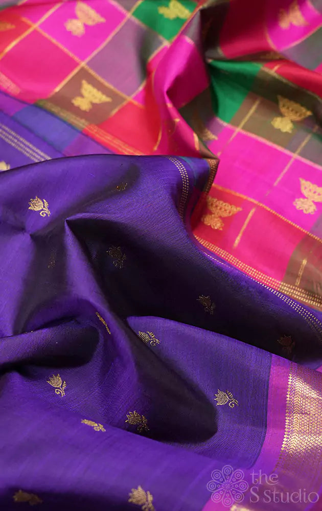 Violet small border kanjivaram silk saree with paalum pazhamum checks pallu