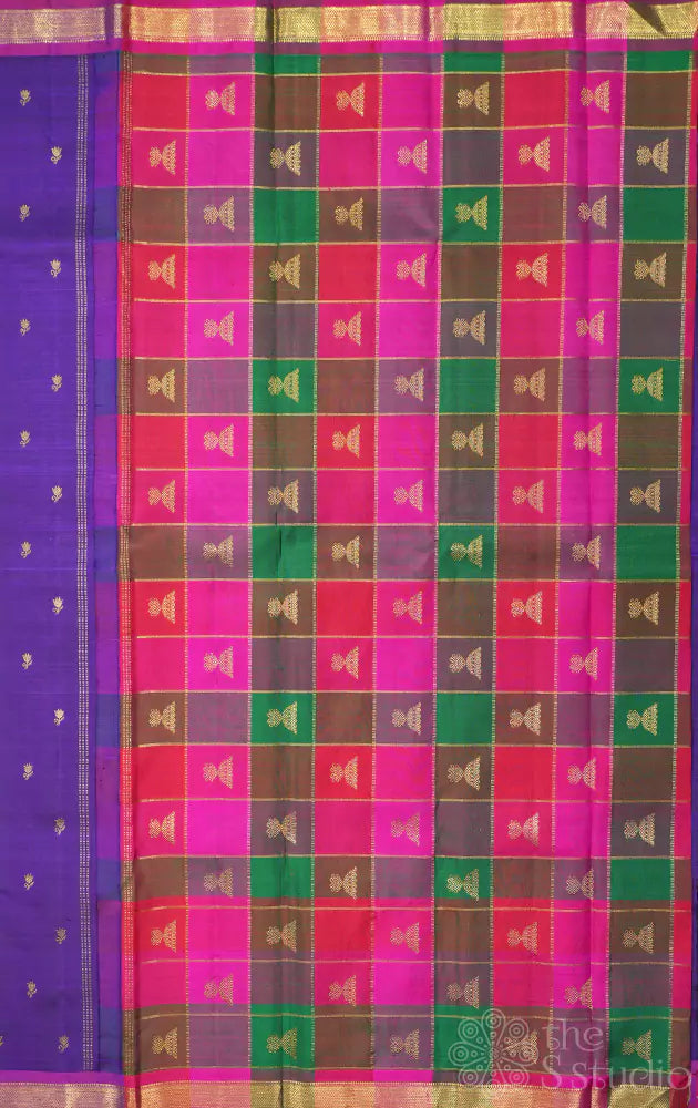 Violet small border kanjivaram silk saree with paalum pazhamum checks pallu