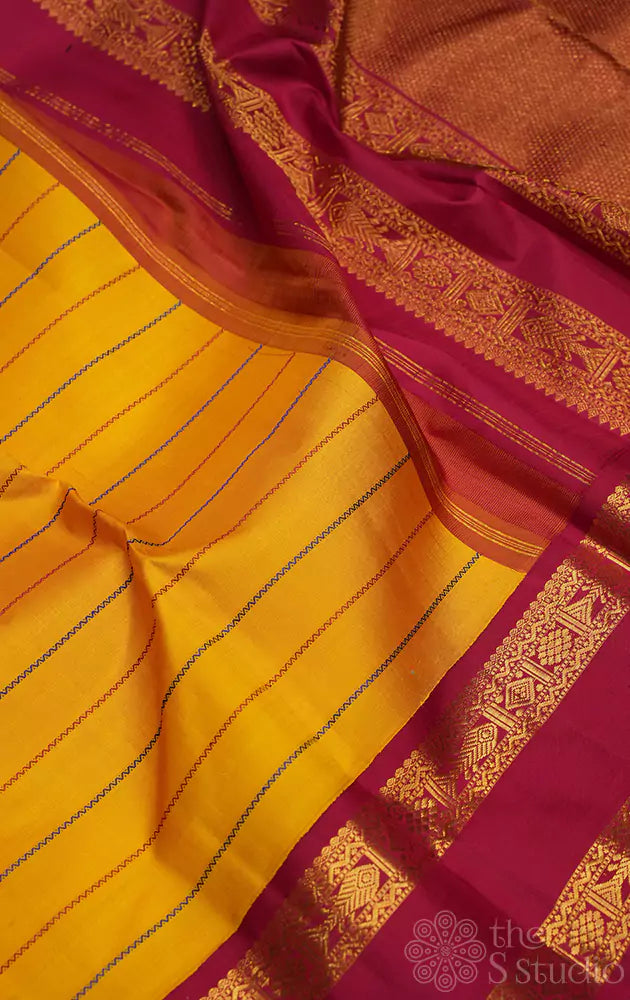 Mango yellow kanchi silk saree with ganga jamuna border
