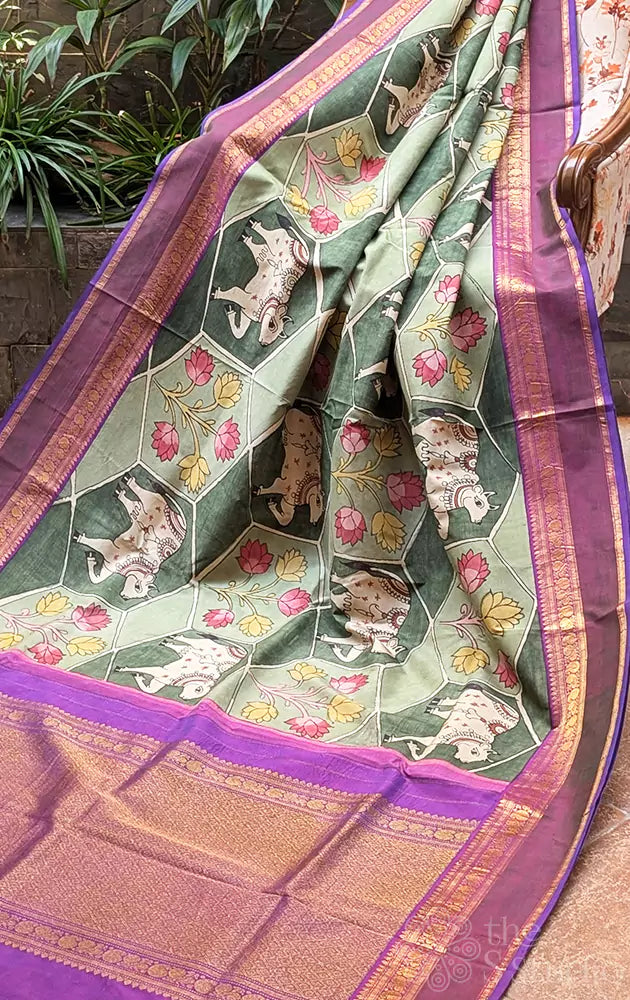 Hand painted kalamkari saree in pichwai theme on korvai kanchi silk saree