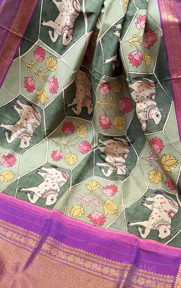 Hand painted kalamkari saree in pichwai theme on korvai kanchi silk saree