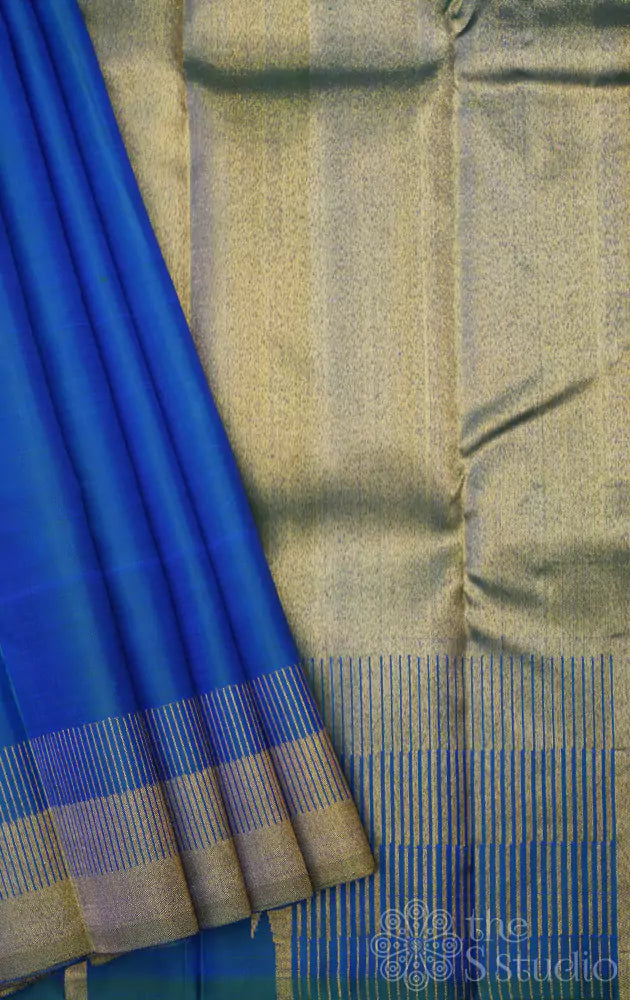 Peacock blue kanchipuram silk saree  with seepu reku border
