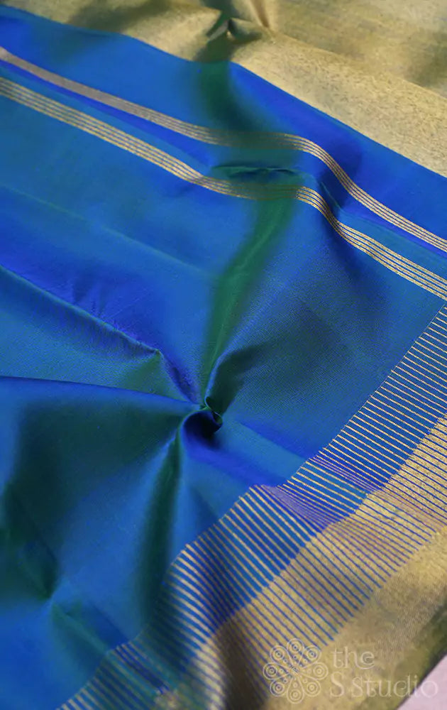 Peacock blue kanchipuram silk saree  with seepu reku border