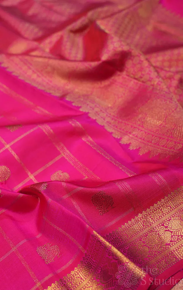Rani pink zari checked kanjivaram silk saree