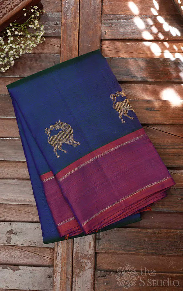 Peacock blue kanjivaram silk saree with yazhi motifs