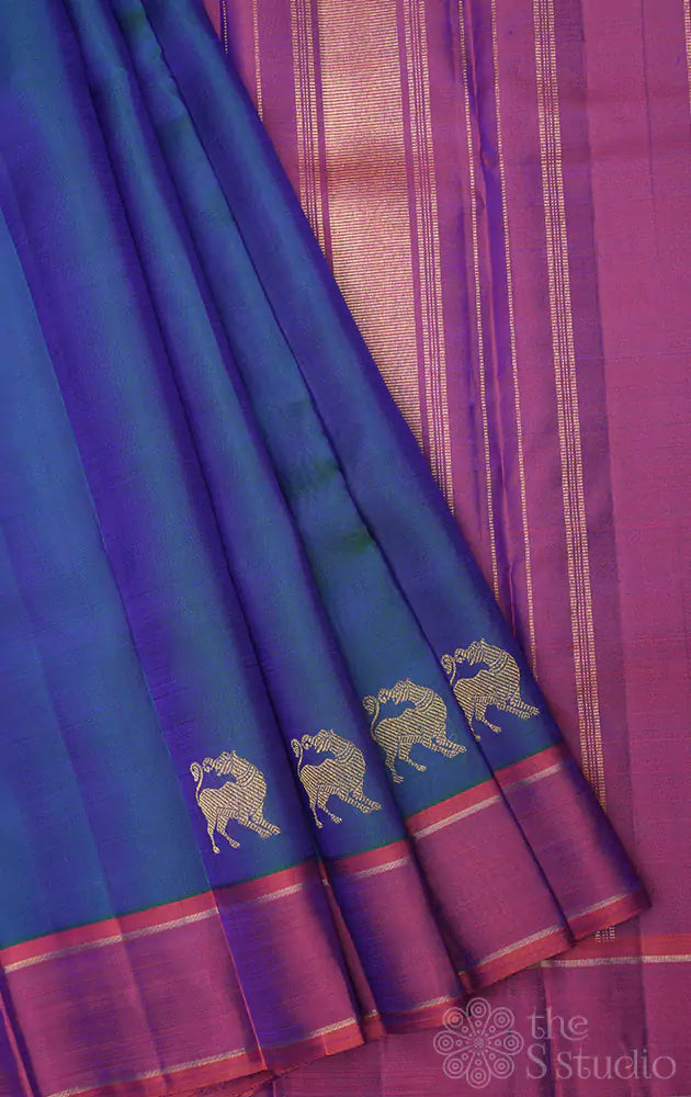 Peacock blue kanjivaram silk saree with yazhi motifs