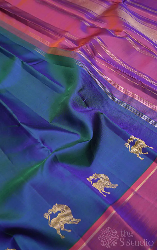 Peacock blue kanjivaram silk saree with yazhi motifs