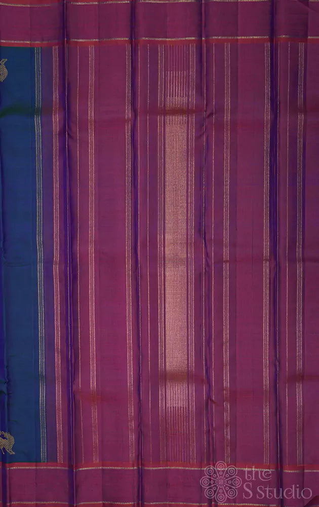 Peacock blue kanjivaram silk saree with yazhi motifs