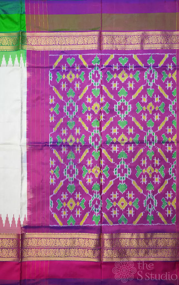 Off white ikat silk saree with ganga jamuna border