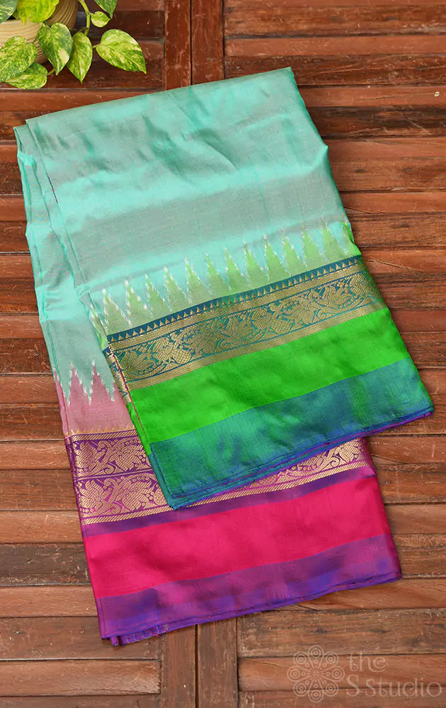 Sea green ikat silk saree with contrast pallu