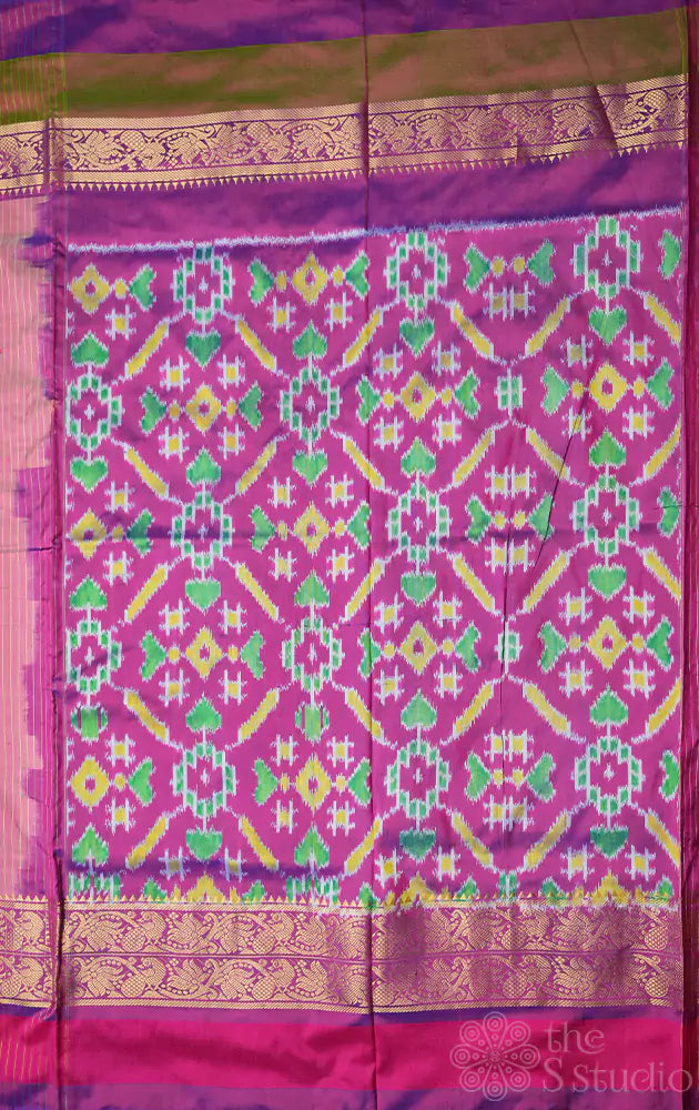 Sea green ikat silk saree with contrast pallu