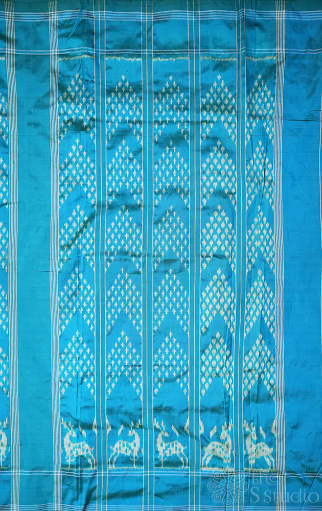 Blue twill ikat silk saree with deer butta