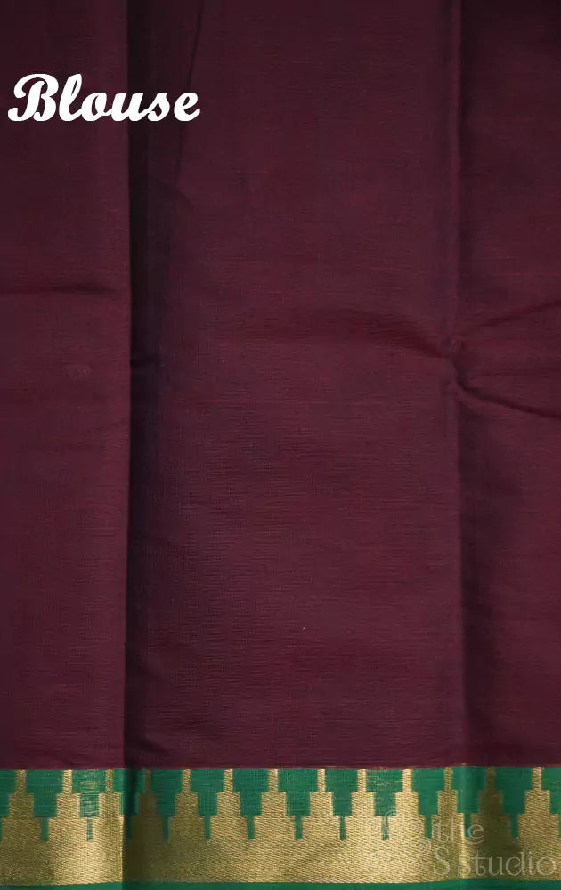 Brown handloom kanchi cotton saree with green small border