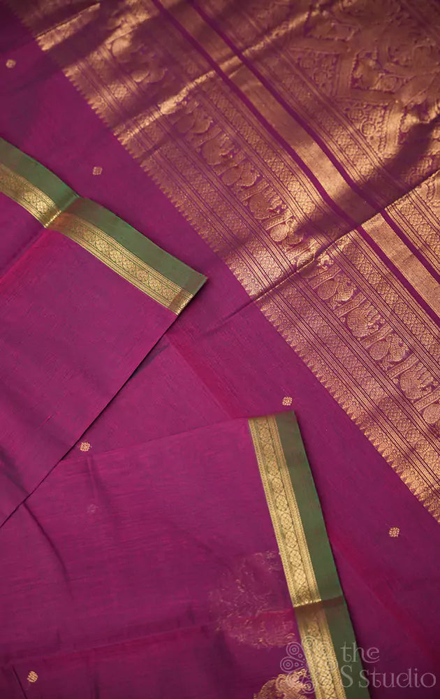 Purple handwoven kanchi cotton saree with small zari border