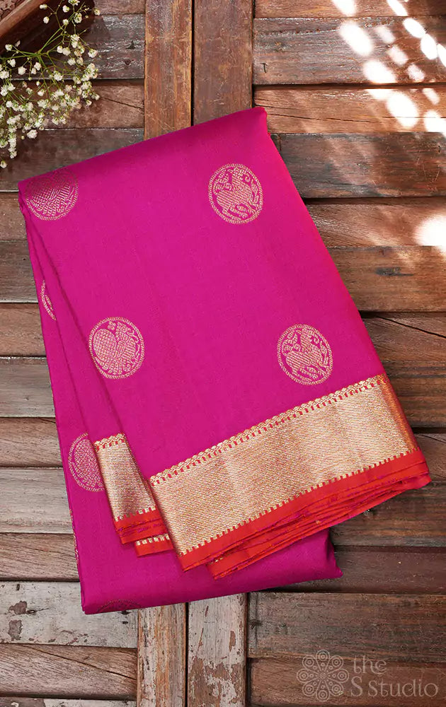 Rani pink kanjivaram silk saree with benaras style border