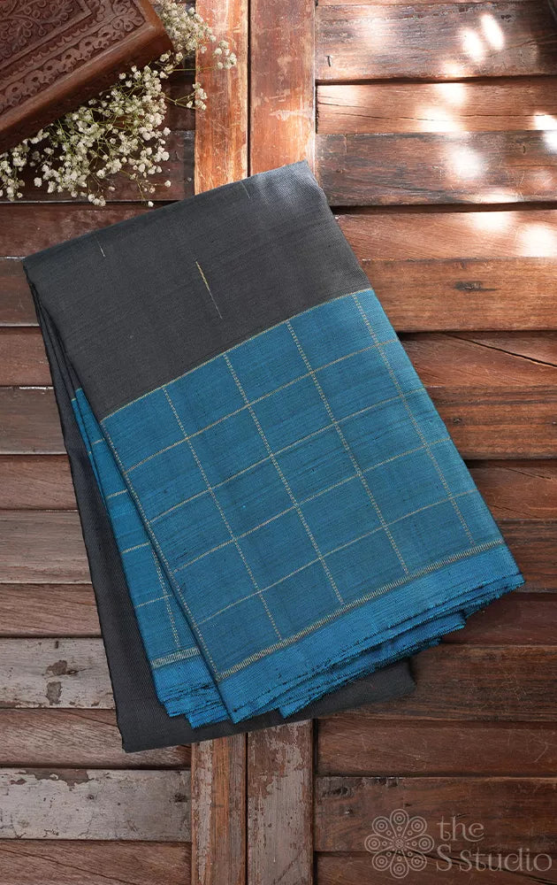 Steel grey kanchipuram silk saree with blue border
