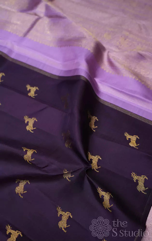Violet kanchi silk saree with deer buttas