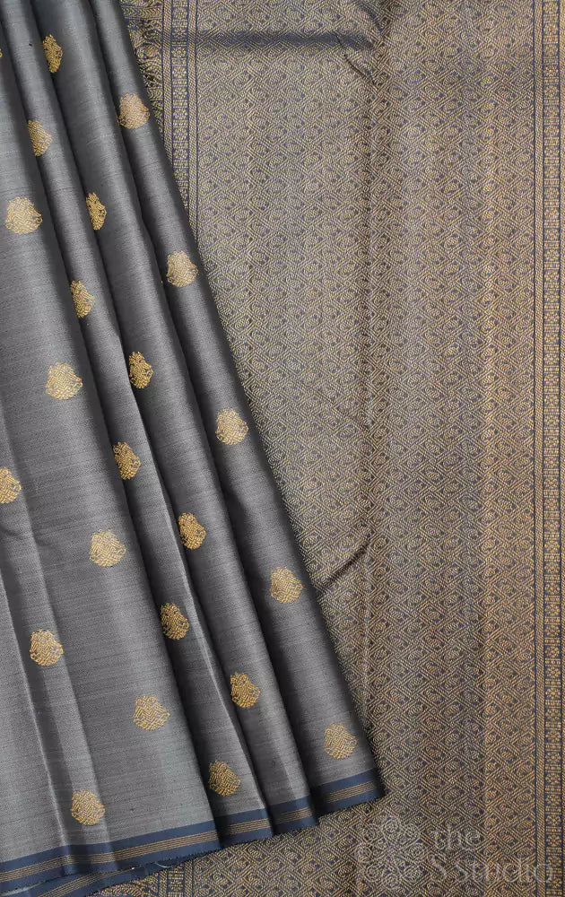 Grey kanchi pattu saree with ganda berunda motifs