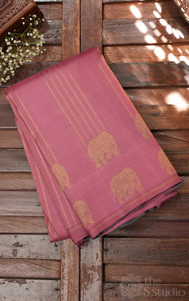 Onion pink kanchipuram silk saree with elephant motifs border