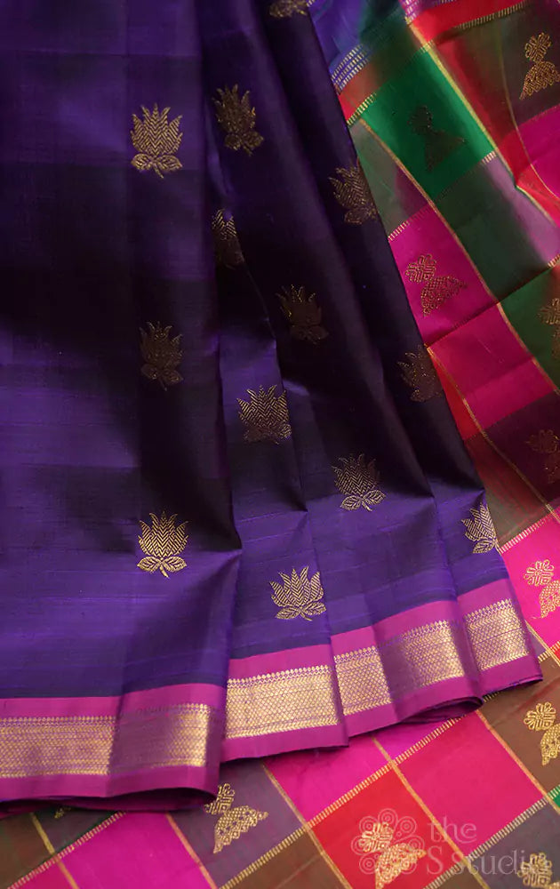 Violet kanchi silk saree with paalum pazhamum checks pallu and blouse