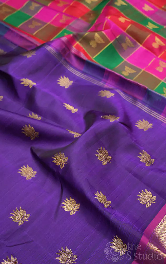 Violet kanchi silk saree with paalum pazhamum checks pallu and blouse
