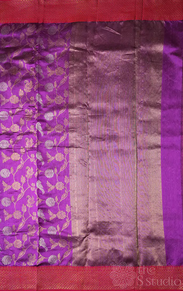 Purple chanderi silk saree with reddish pink border