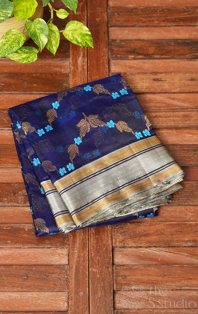 Navy blue chanderi silk saree with floral design