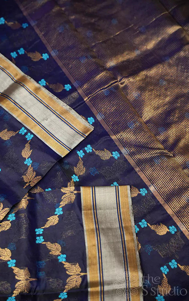 Navy blue chanderi silk saree with floral design
