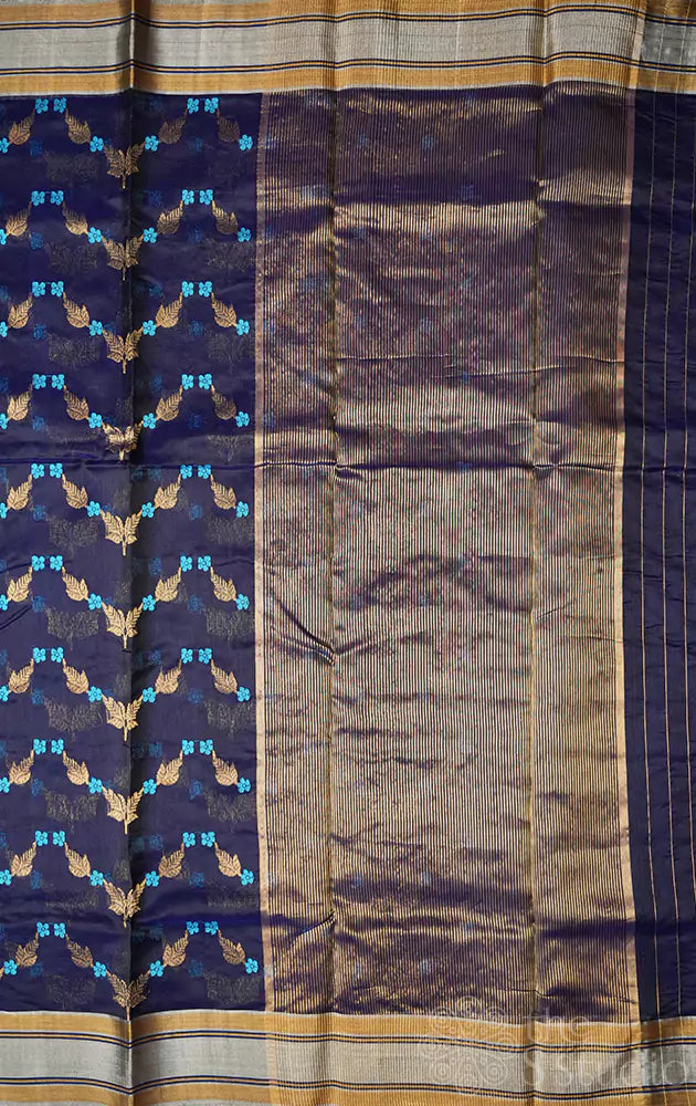 Navy blue chanderi silk saree with floral design
