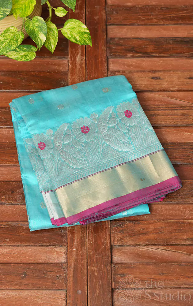 Aqua blue chanderi silk saree with gold & silver zari border