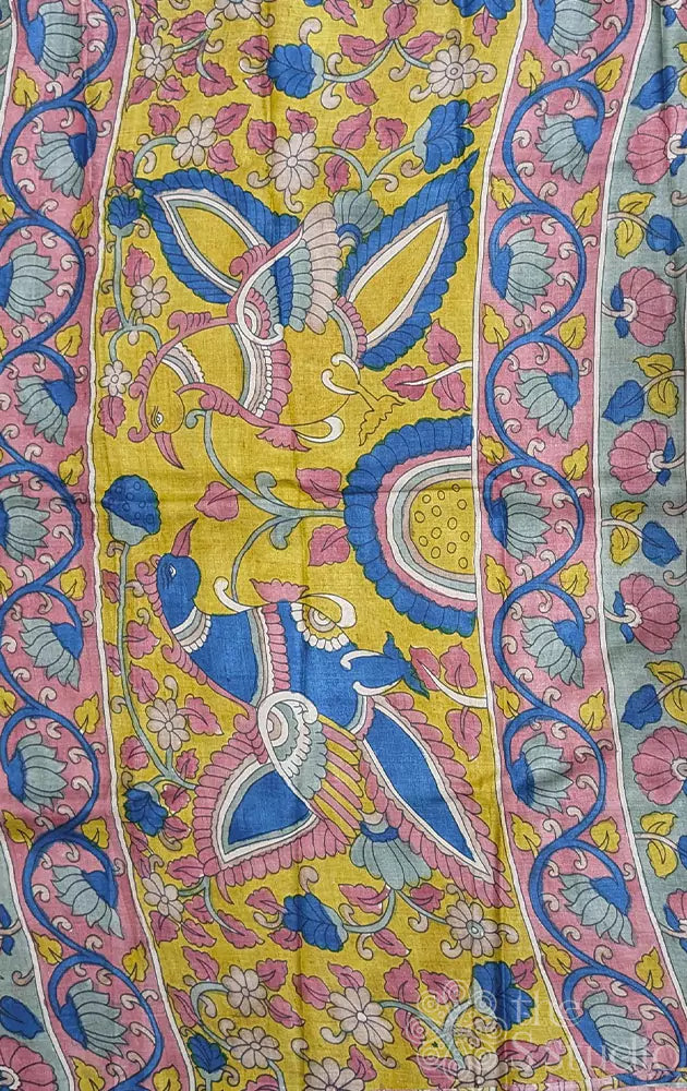 Light pink polka dot tussar silk saree with kalamkari pallu