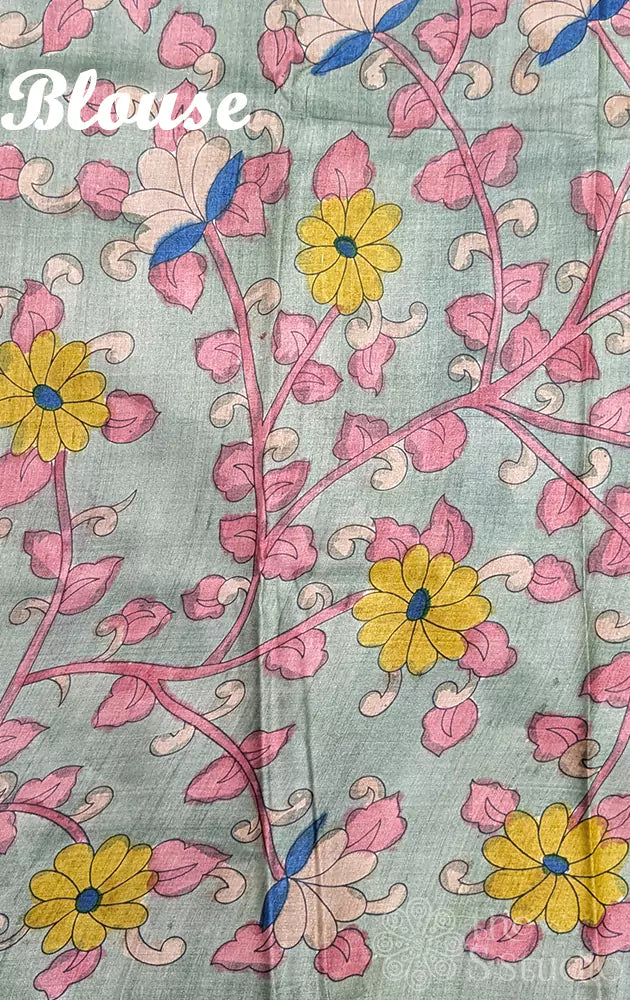 Light pink polka dot tussar silk saree with kalamkari pallu