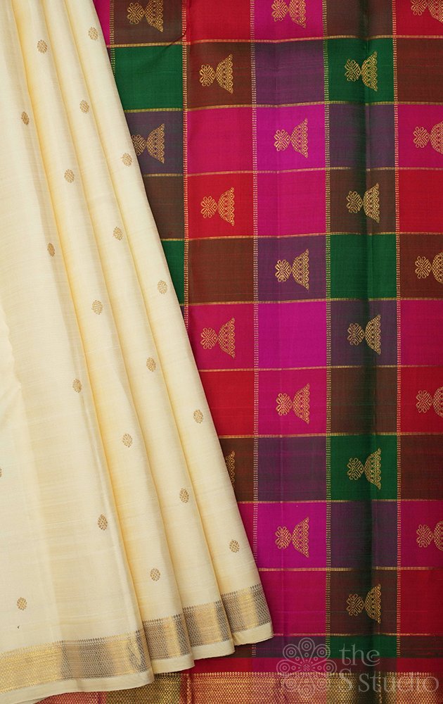 Off white kanchi silk saree with paalum pazhamum checks pallu and blouse