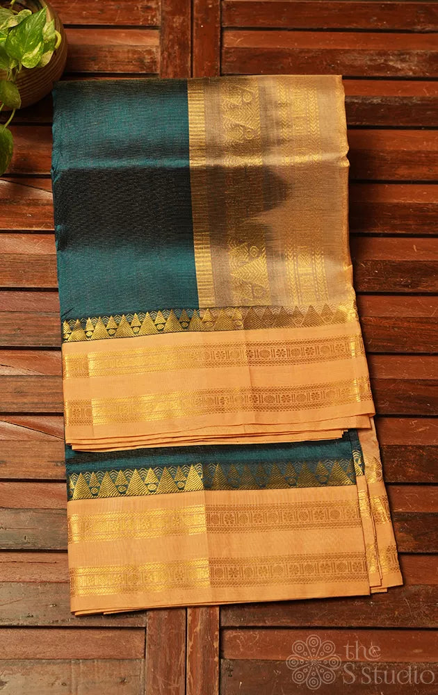 Rama blue vairaoosi silk cotton saree with rettaipet border