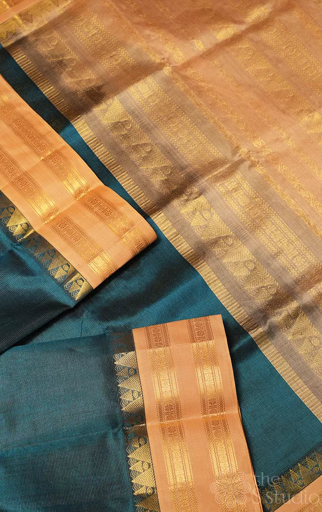 Rama blue vairaoosi silk cotton saree with rettaipet border