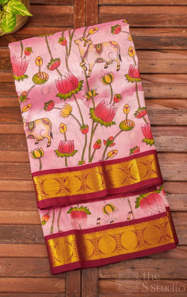 Light pink pichwai printed silk cotton saree with korvai border