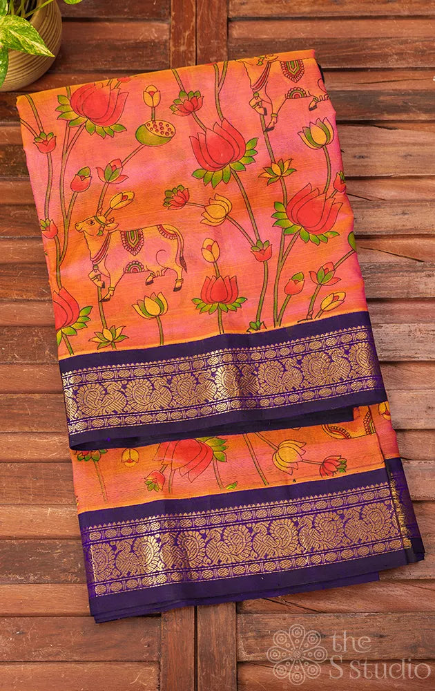 Dark peach silk cotton saree with pichwai prints