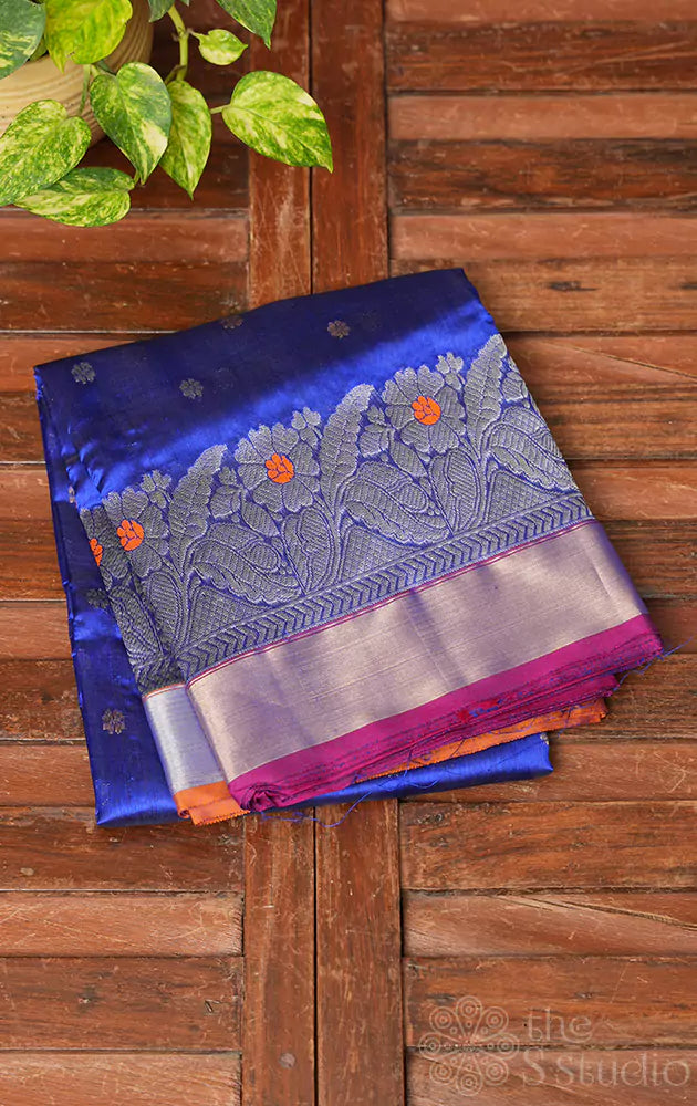 Royal blue chanderi silk saree with floral motifs